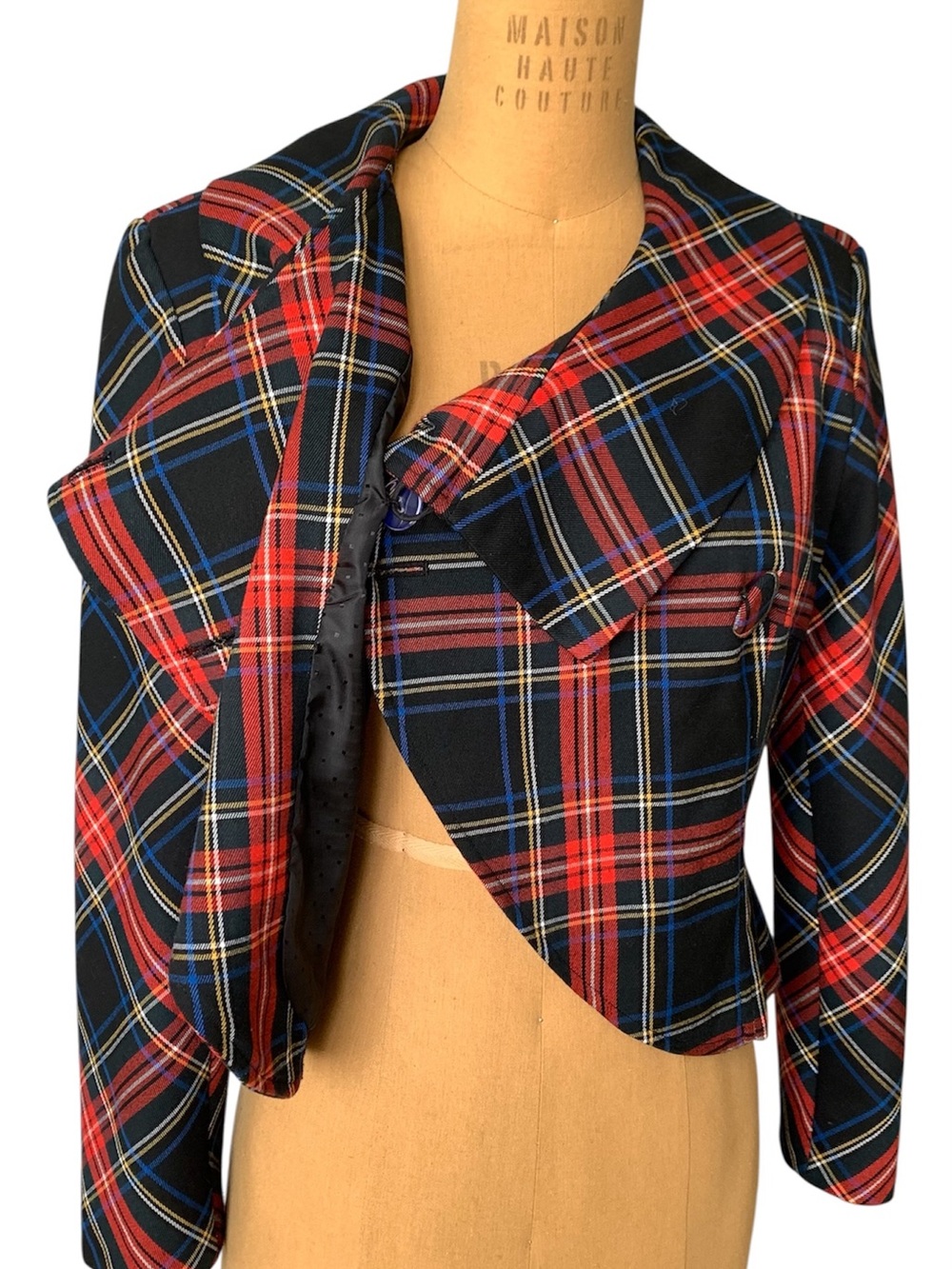 Asymmetric Plaid Cropped Blazer in Red and Black - Picture 2 of 4